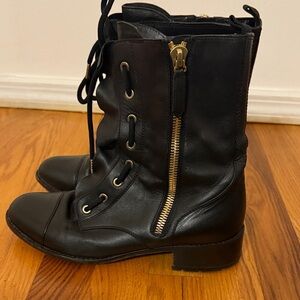 VALENTINO GARAVANI Women’s Black Leather Ruffle Laced Gold Zipper Combat Boots